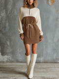 Chic Casual Off‑White-Camel Colorblock Half‑Zip Stand Collar Long-Sleeve Drawstring Waist Loose-Fit Knit Mini Dress