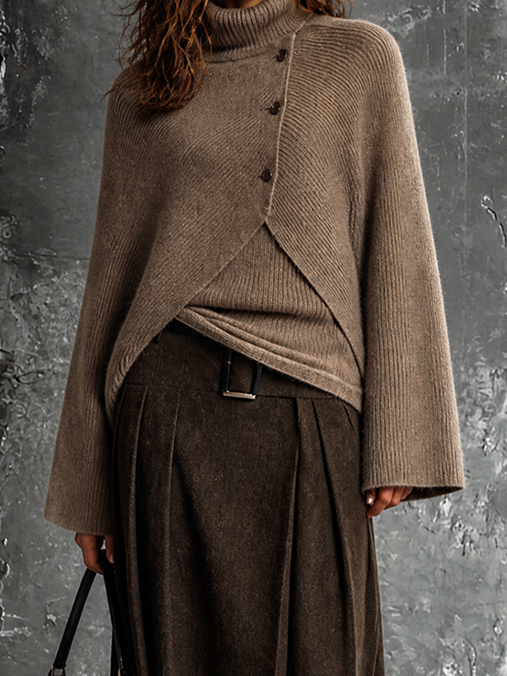 Chic Elegant Camel Turtleneck Button Detail Flare Long-Sleeve Knit Sweater Brown Pleated A‑Line Midi Skirt Wool‑Blend Two-Piece Set