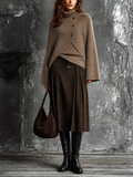 Chic Elegant Camel Turtleneck Button Detail Flare Long-Sleeve Knit Sweater Brown Pleated A‑Line Midi Skirt Wool‑Blend Two-Piece Set