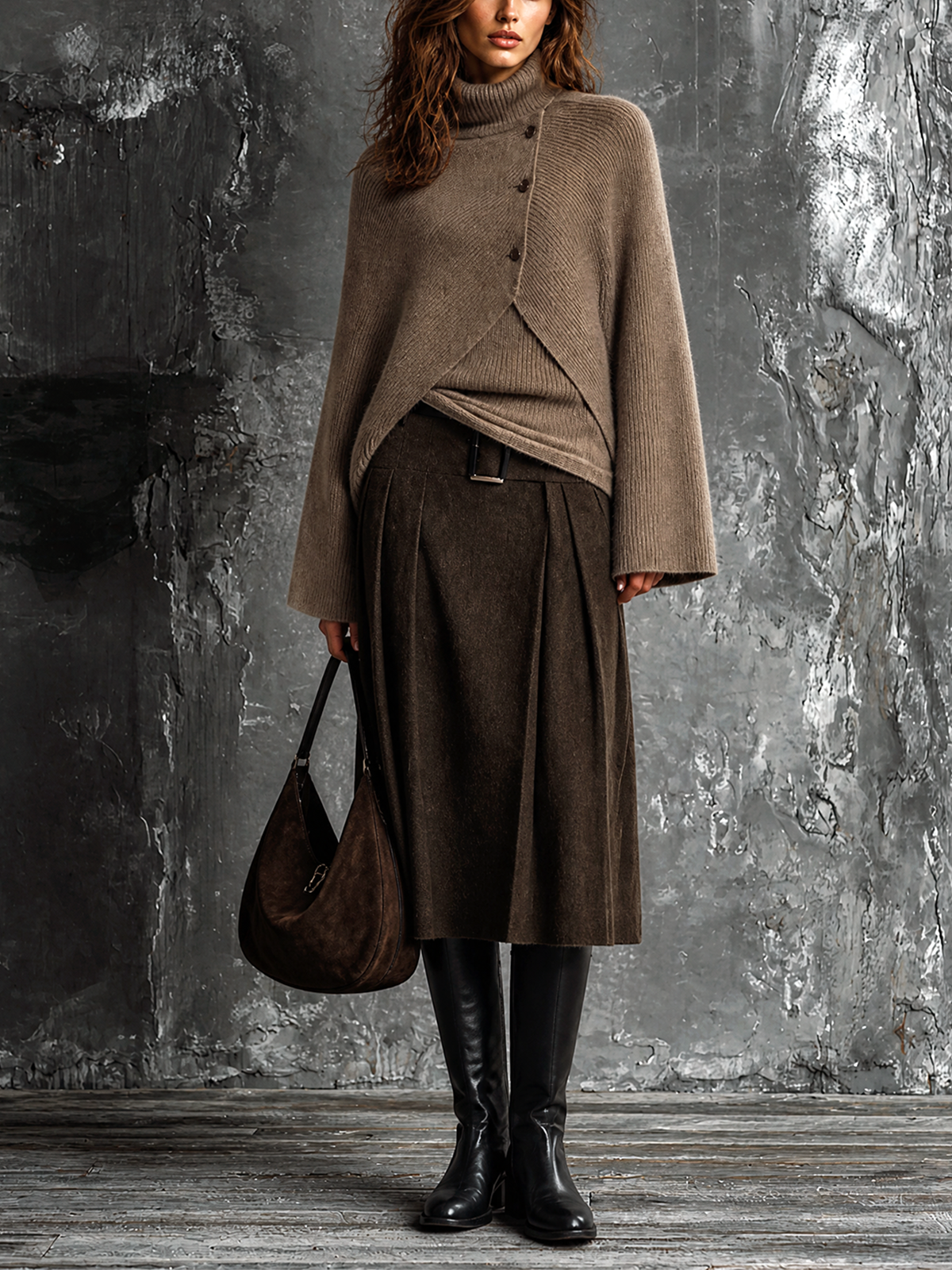 Chic Elegant Camel Turtleneck Button Detail Flare Long-Sleeve Knit Sweater Brown Pleated A‑Line Midi Skirt Wool‑Blend Two-Piece Set