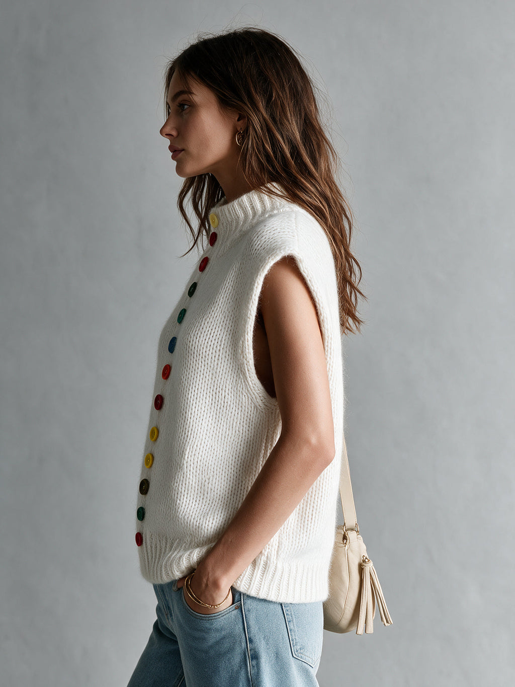 Chic Elegant Cream White Mock-Neck Dropped-Shoulder Sleeveless Decorative Colorful Buttons Loose-Fit Wool Blend Knit Vest