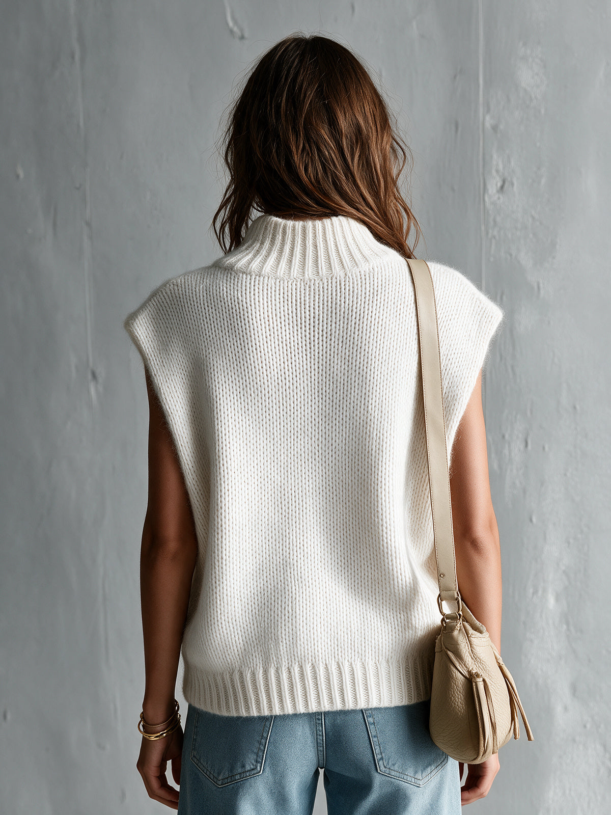 Chic Elegant Cream White Mock-Neck Dropped-Shoulder Sleeveless Decorative Colorful Buttons Loose-Fit Wool Blend Knit Vest