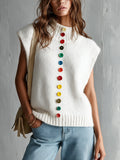 Chic Elegant Cream White Mock-Neck Dropped-Shoulder Sleeveless Decorative Colorful Buttons Loose-Fit Wool Blend Knit Vest