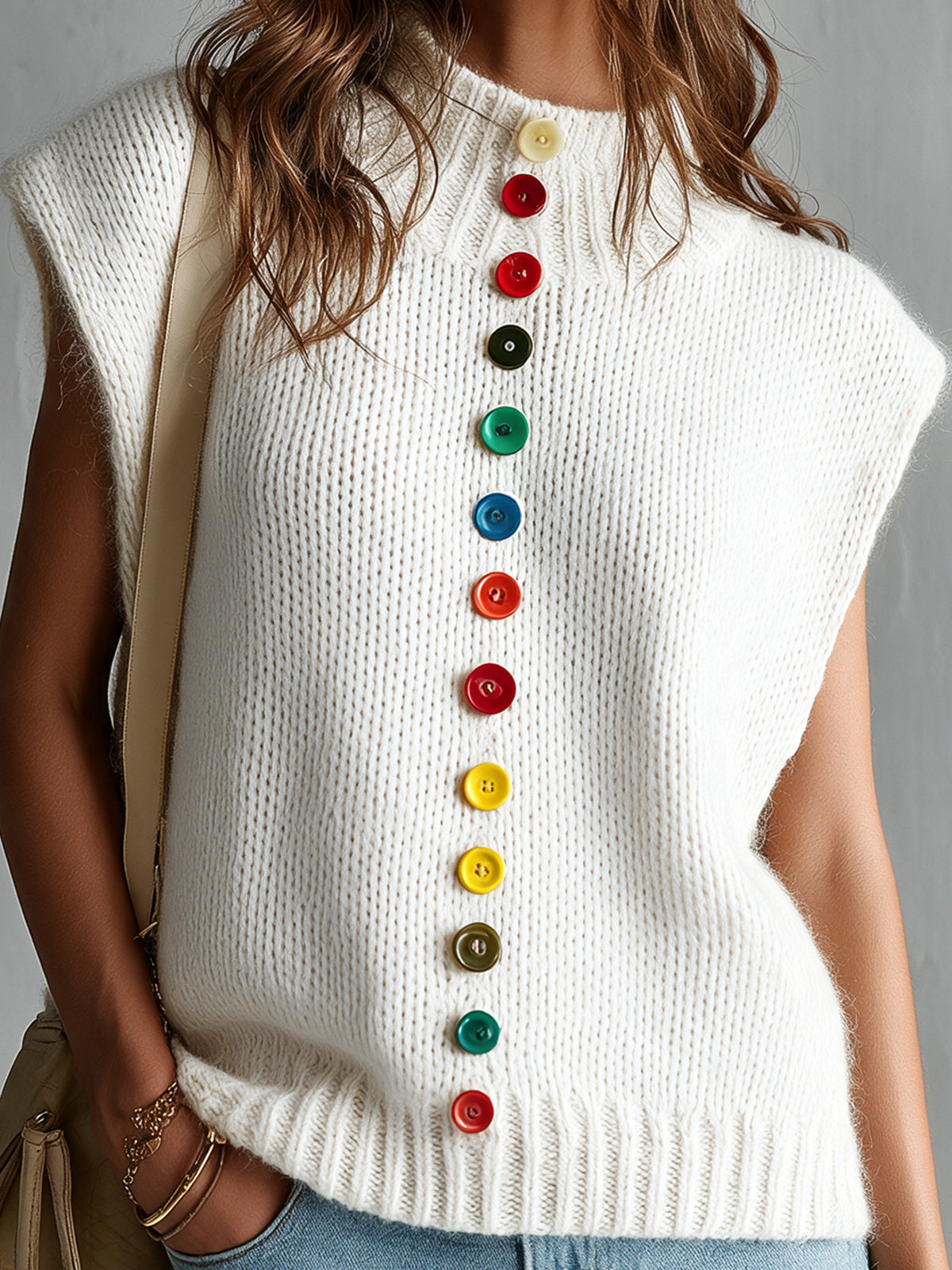 Chic Elegant Cream White Mock-Neck Dropped-Shoulder Sleeveless Decorative Colorful Buttons Loose-Fit Wool Blend Knit Vest