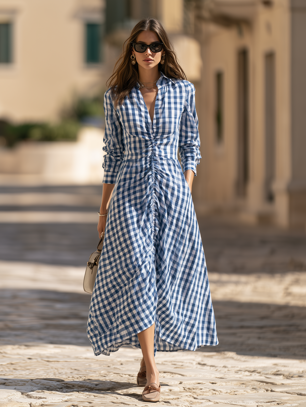 Resort-style V-neck Center-pleated Long-sleeved Plaid Midi Dress