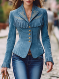 Resort-style Collared Embroidered Long-sleeve Faux Suede Blazer