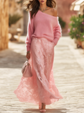 Vacation One-shoulder Sweater And A-line Lace Skirt Set