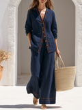 Minimalist Casual Orange Trim V-Neck Shirt And Wide-Leg Pants – Navy Cotton-Linen Set