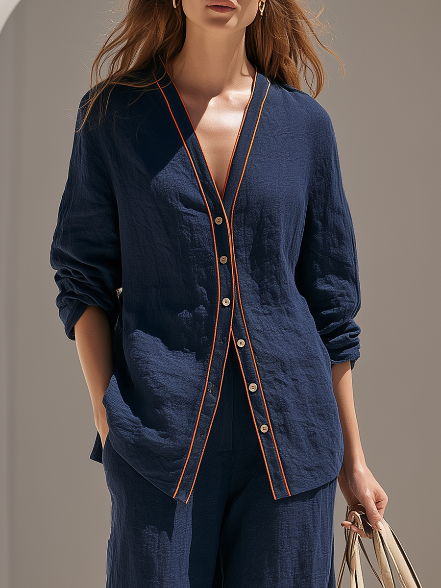 Minimalist Casual Orange Trim V-Neck Shirt And Wide-Leg Pants – Navy Cotton-Linen Set