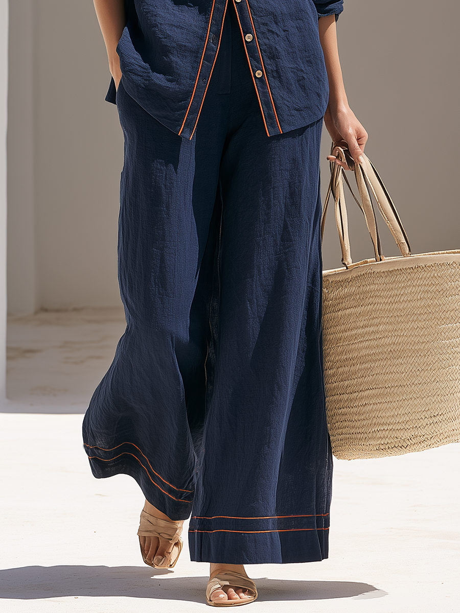 Minimalist Casual Orange Trim V-Neck Shirt And Wide-Leg Pants – Navy Cotton-Linen Set