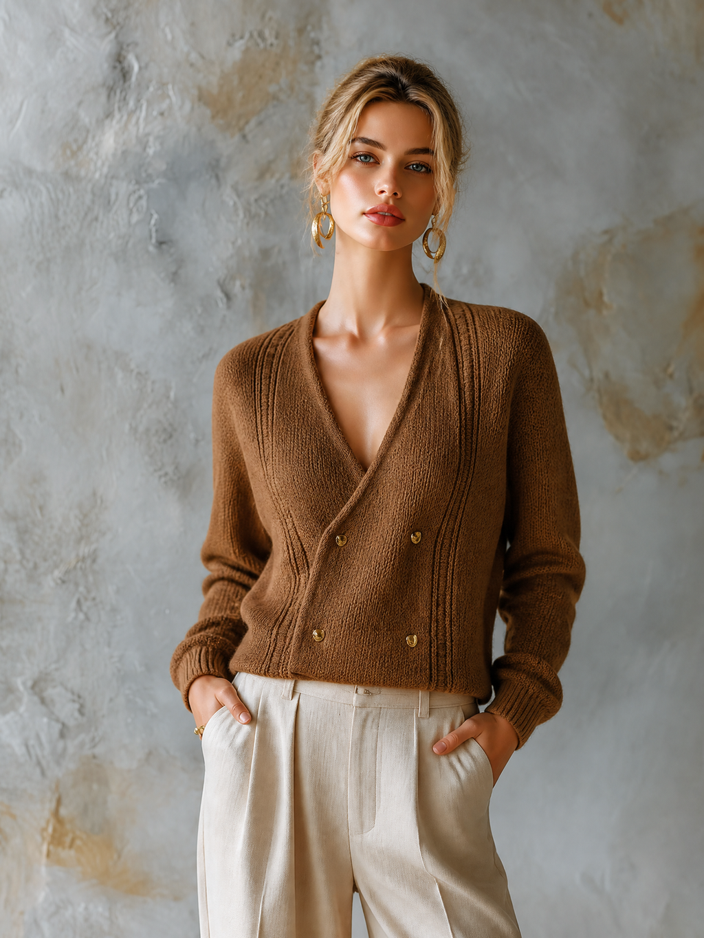 Chic Elegant Brown V‑Neck Double‑Breasted Long-Sleeve Loose-Fit Chunky Knit Cardigan