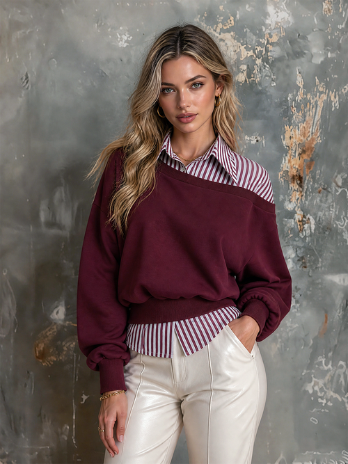 Chic Casual Burgundy Contrast Stripe Off‑Shoulder Faux Two‑Piece Lapel-Collar Long-Sleeve Loose-Fit French Terry Sweatshirt