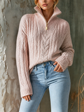 Chic Casual Dusty Pink Half‑Zip Stand Collar Dropped-Shoulder Long-Sleeve Loose-Fit Cable Chunky Knit Sweater