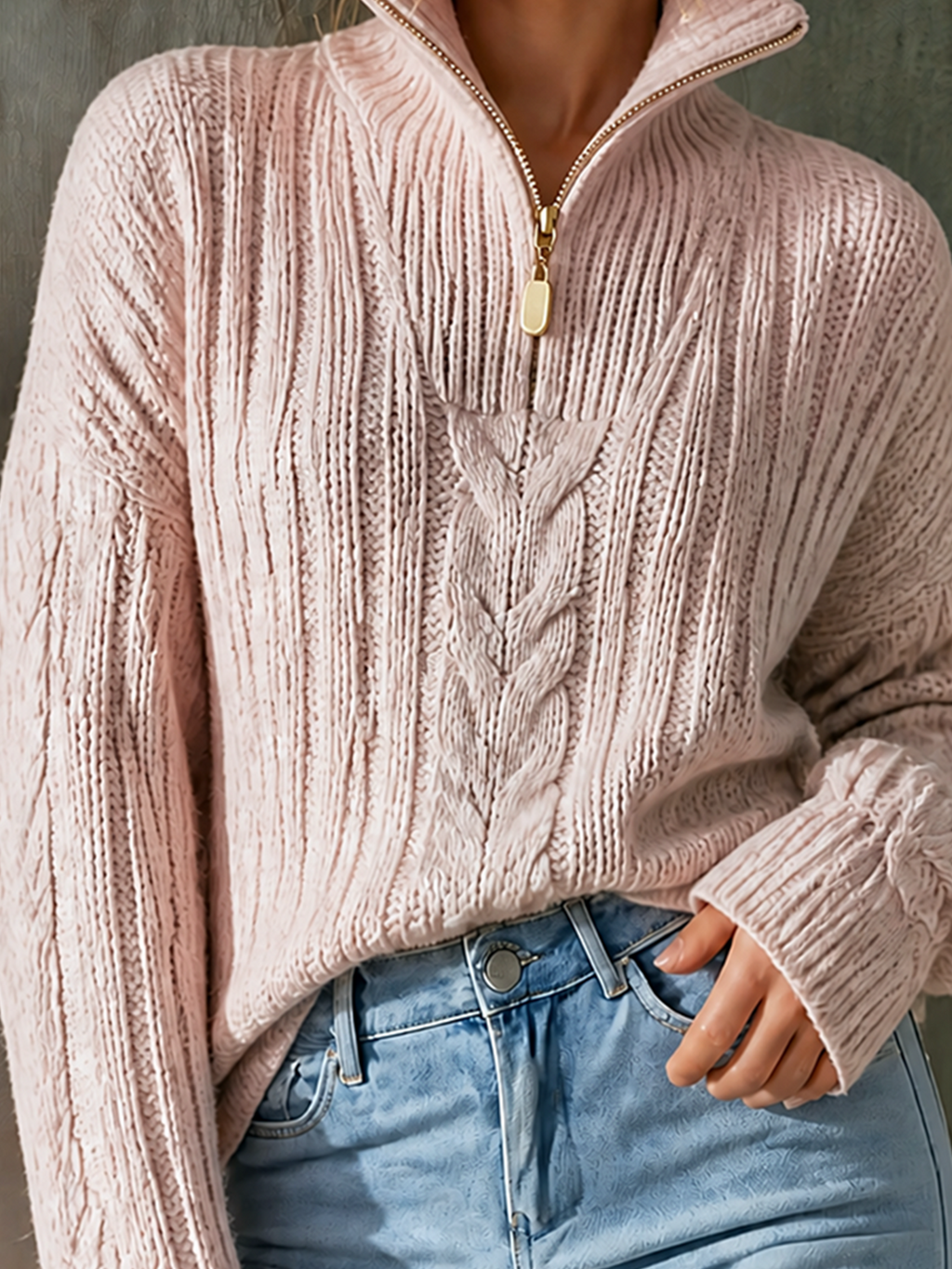 Chic Casual Dusty Pink Half‑Zip Stand Collar Dropped-Shoulder Long-Sleeve Loose-Fit Cable Chunky Knit Sweater