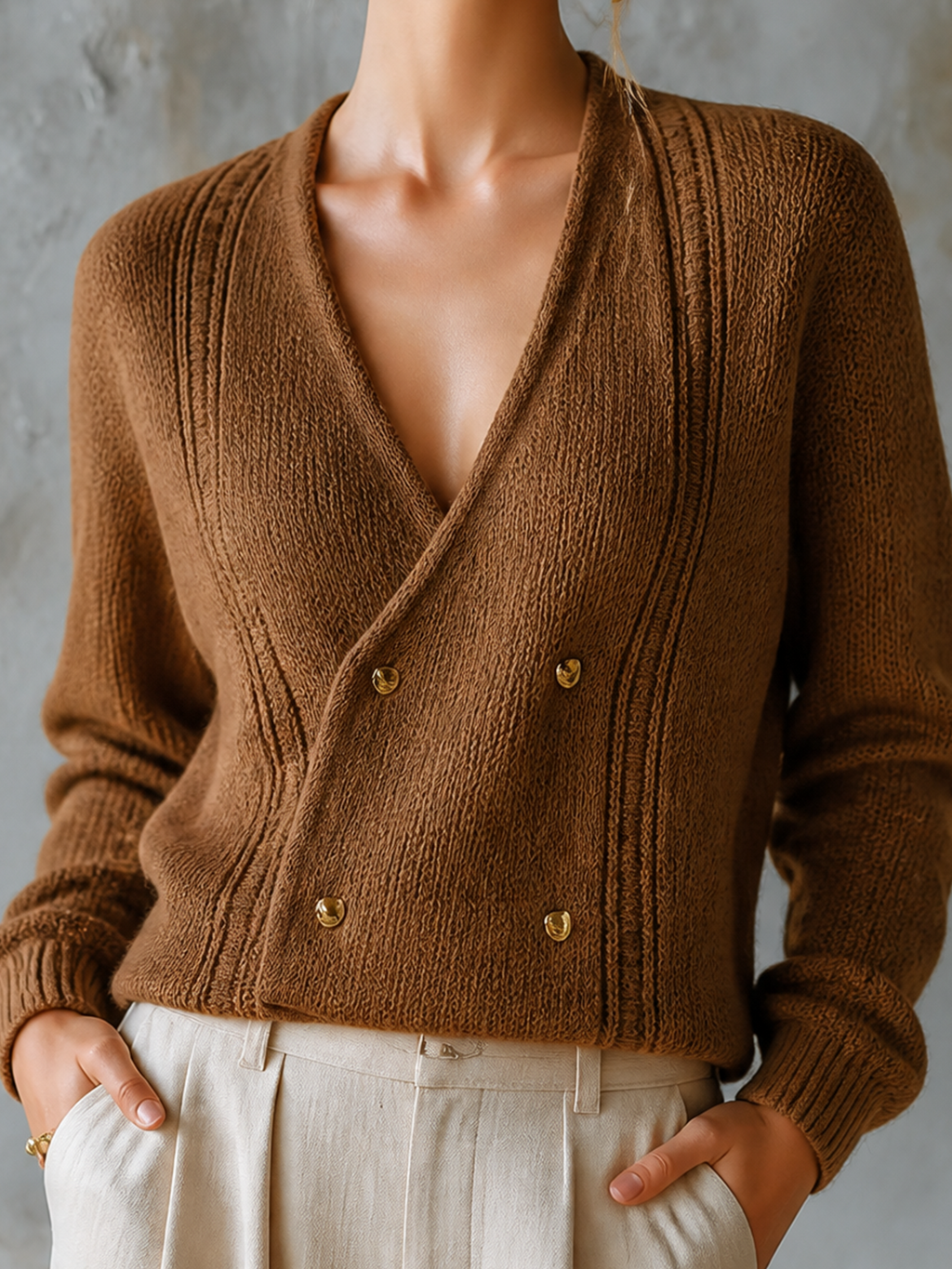 Chic Elegant Brown V‑Neck Double‑Breasted Long-Sleeve Loose-Fit Chunky Knit Cardigan