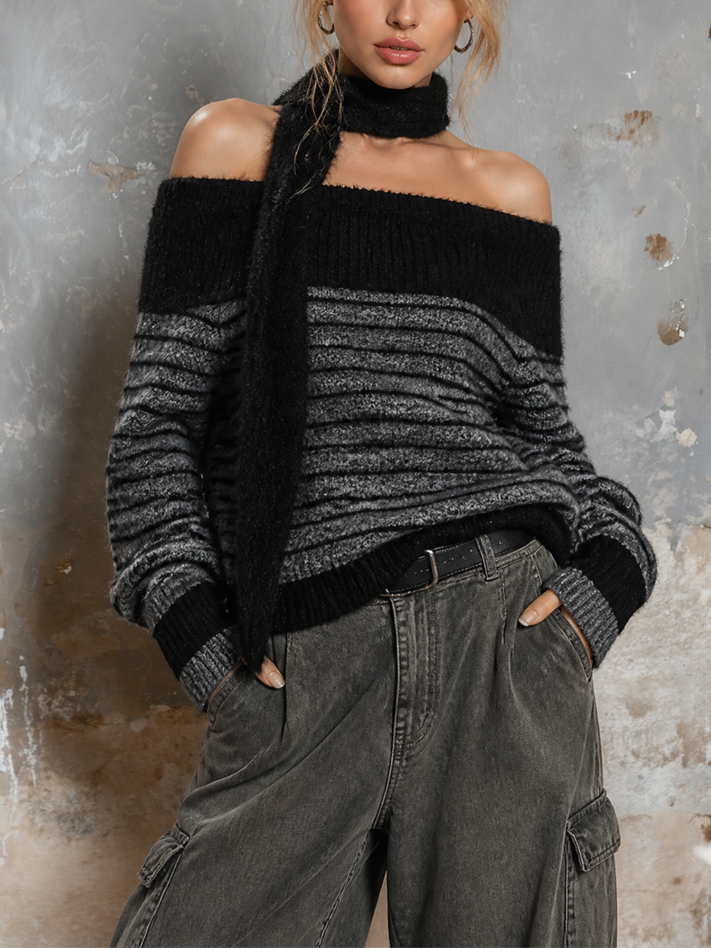 Chic Casual Black-Heather Grey Colorblock Stripe Off‑Shoulder Scarf Long-Sleeve Loose-Fit Soft Mohair Knit Sweater