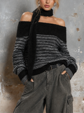 Chic Casual Black-Heather Grey Colorblock Stripe Off‑Shoulder Scarf Long-Sleeve Loose-Fit Soft Mohair Knit Sweater