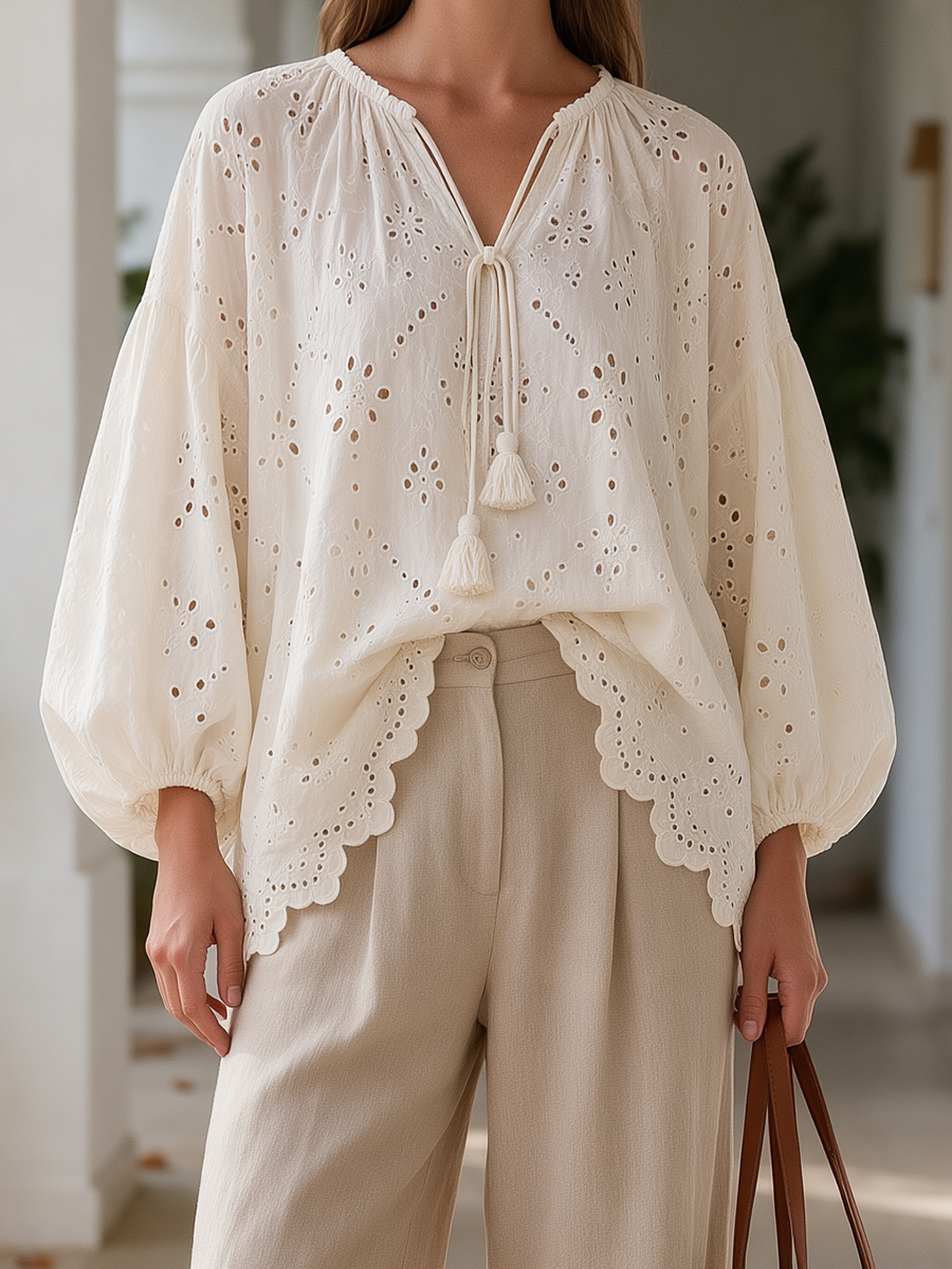 Ivory Eyelet Tassel-Tie Blouse And Oatmeal Wide-Leg Linen-Blend Resort Trouser Set