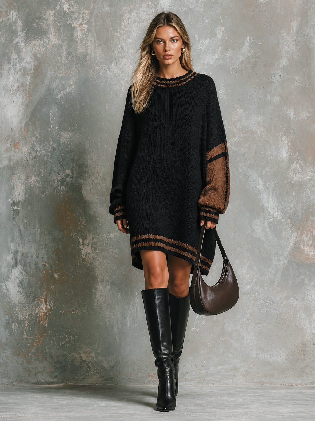 Chic Casual Black-Brown Round-Neck Colorblock Dropped-Shoulder Long-Sleeve Loose-Fit Knit Sweater