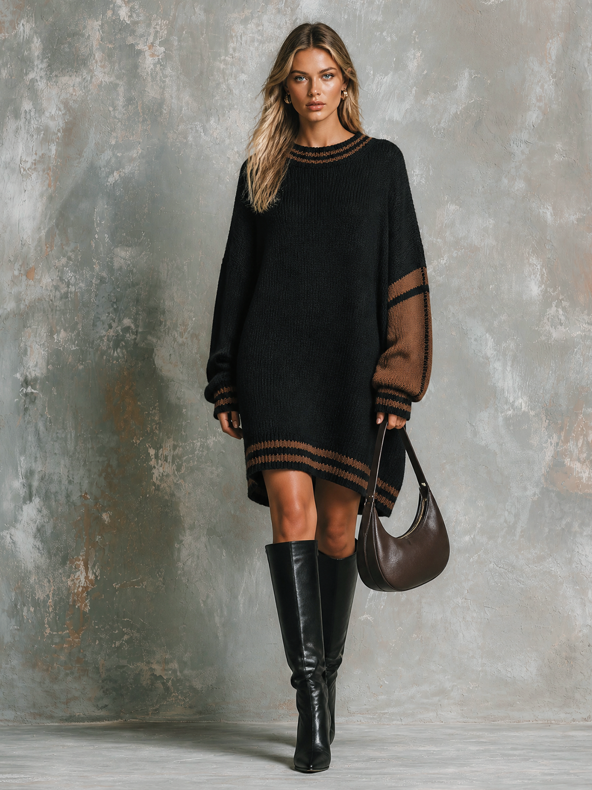 Chic Casual Black-Brown Round-Neck Colorblock Dropped-Shoulder Long-Sleeve Loose-Fit Knit Sweater
