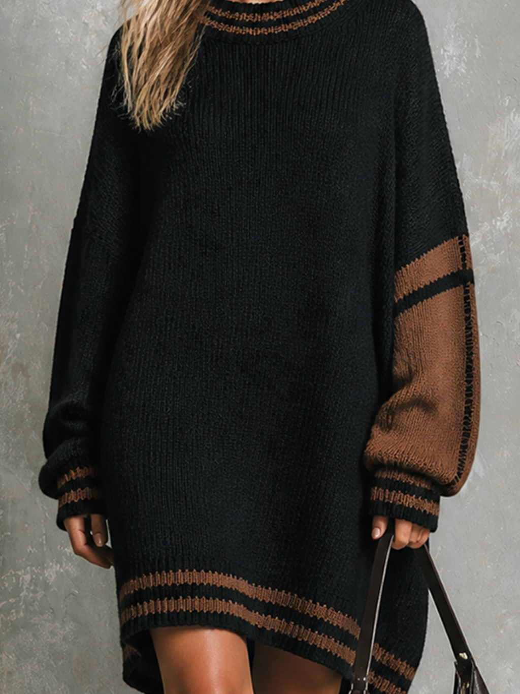 Chic Casual Black-Brown Round-Neck Colorblock Dropped-Shoulder Long-Sleeve Loose-Fit Knit Sweater