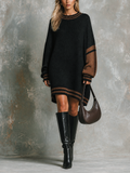 Chic Casual Black-Brown Round-Neck Colorblock Dropped-Shoulder Long-Sleeve Loose-Fit Knit Sweater