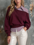 Chic Casual Burgundy Contrast Stripe Off‑Shoulder Faux Two‑Piece Lapel-Collar Long-Sleeve Loose-Fit French Terry Sweatshirt