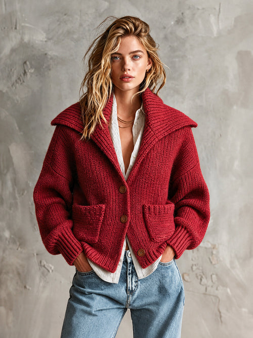 Chic Red Oversized Lapel Collar Long-Sleeve Single-Breasted Patch Pockets Loose-Fit Warm Wool Blend Knit Cardigan