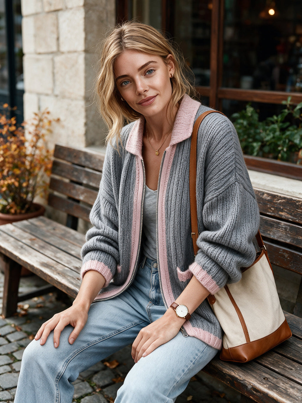 Chic Elegant Gray-Pink Colorblock Lapel Long-Sleeve Zipper-Breasted Patch Pockets Loose-Fit Wool Blend Knit Cardigan