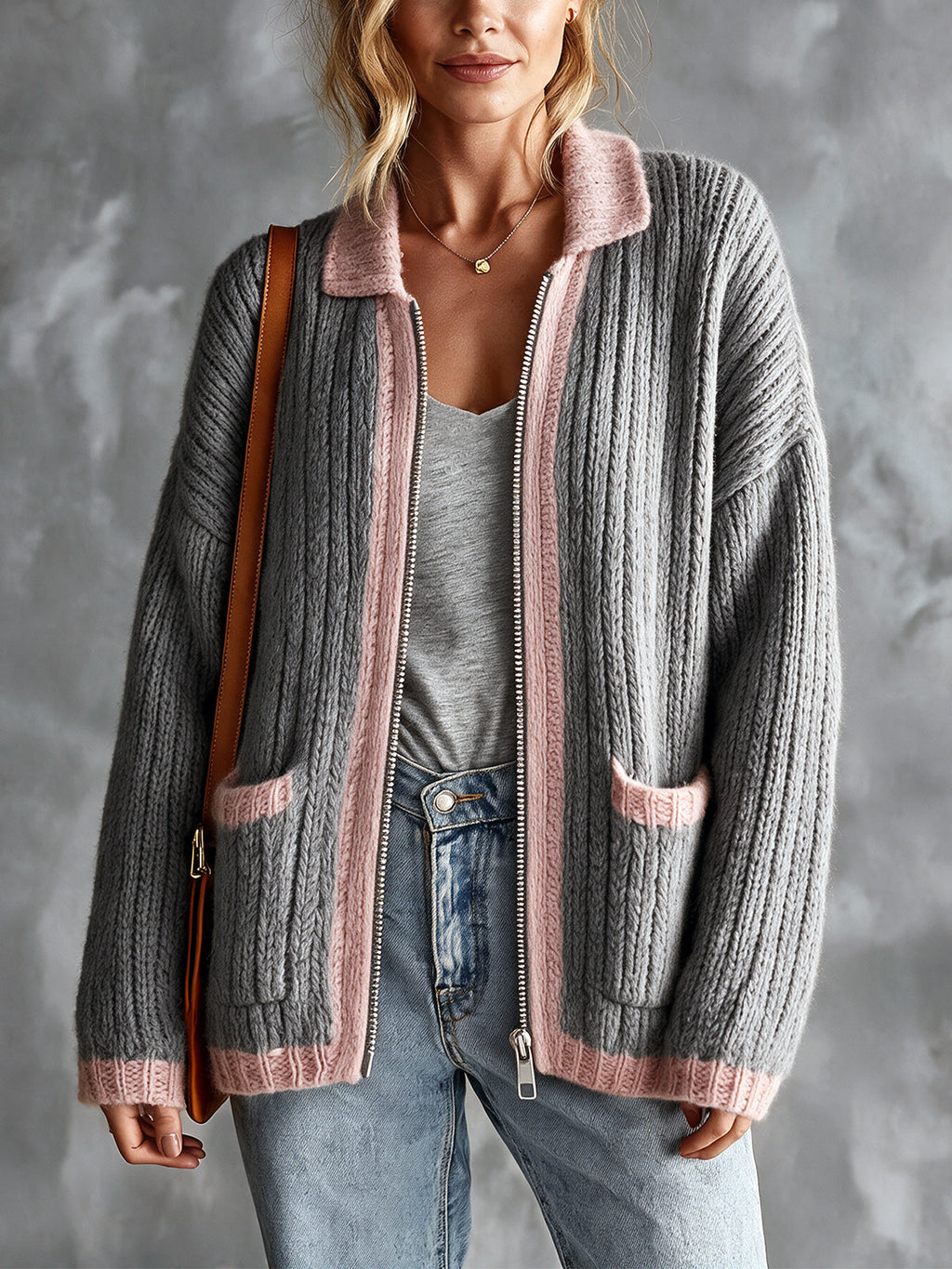 Chic Elegant Gray-Pink Colorblock Lapel Long-Sleeve Zipper-Breasted Patch Pockets Loose-Fit Wool Blend Knit Cardigan