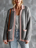 Chic Elegant Gray-Pink Colorblock Lapel Long-Sleeve Zipper-Breasted Patch Pockets Loose-Fit Wool Blend Knit Cardigan