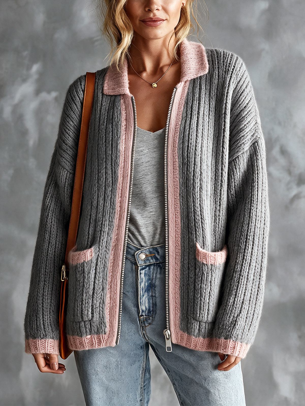 Chic Elegant Gray-Pink Colorblock Lapel Long-Sleeve Zipper-Breasted Patch Pockets Loose-Fit Wool Blend Knit Cardigan