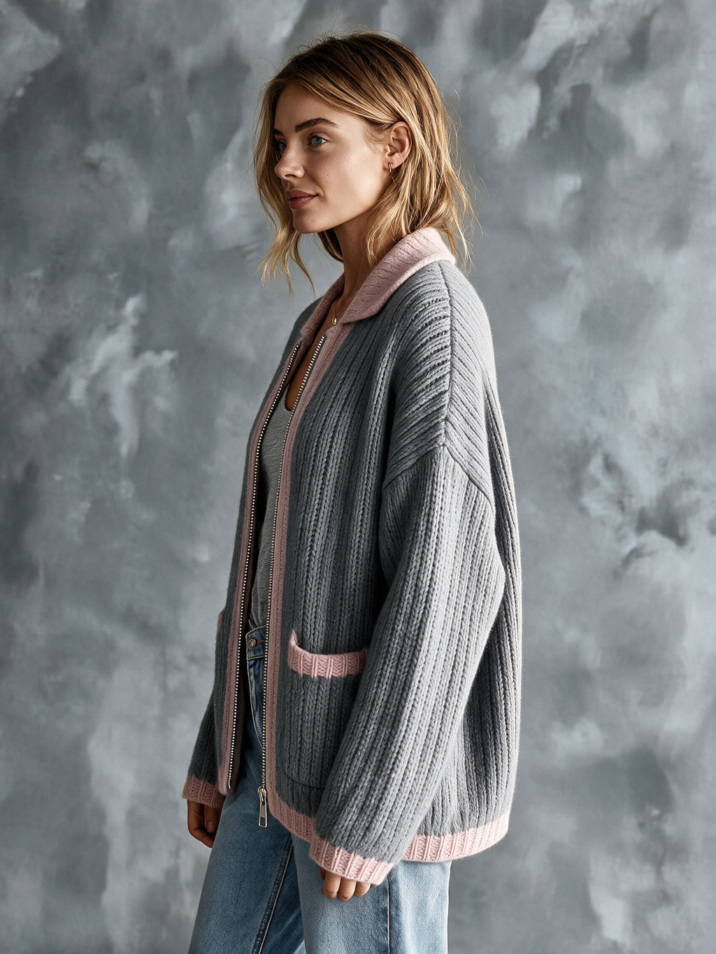 Chic Elegant Gray-Pink Colorblock Lapel Long-Sleeve Zipper-Breasted Patch Pockets Loose-Fit Wool Blend Knit Cardigan