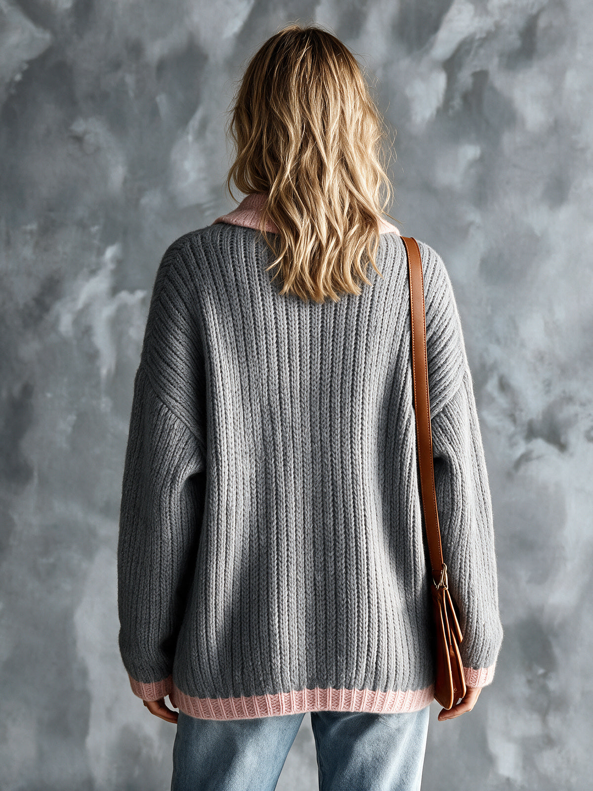Chic Elegant Gray-Pink Colorblock Lapel Long-Sleeve Zipper-Breasted Patch Pockets Loose-Fit Wool Blend Knit Cardigan
