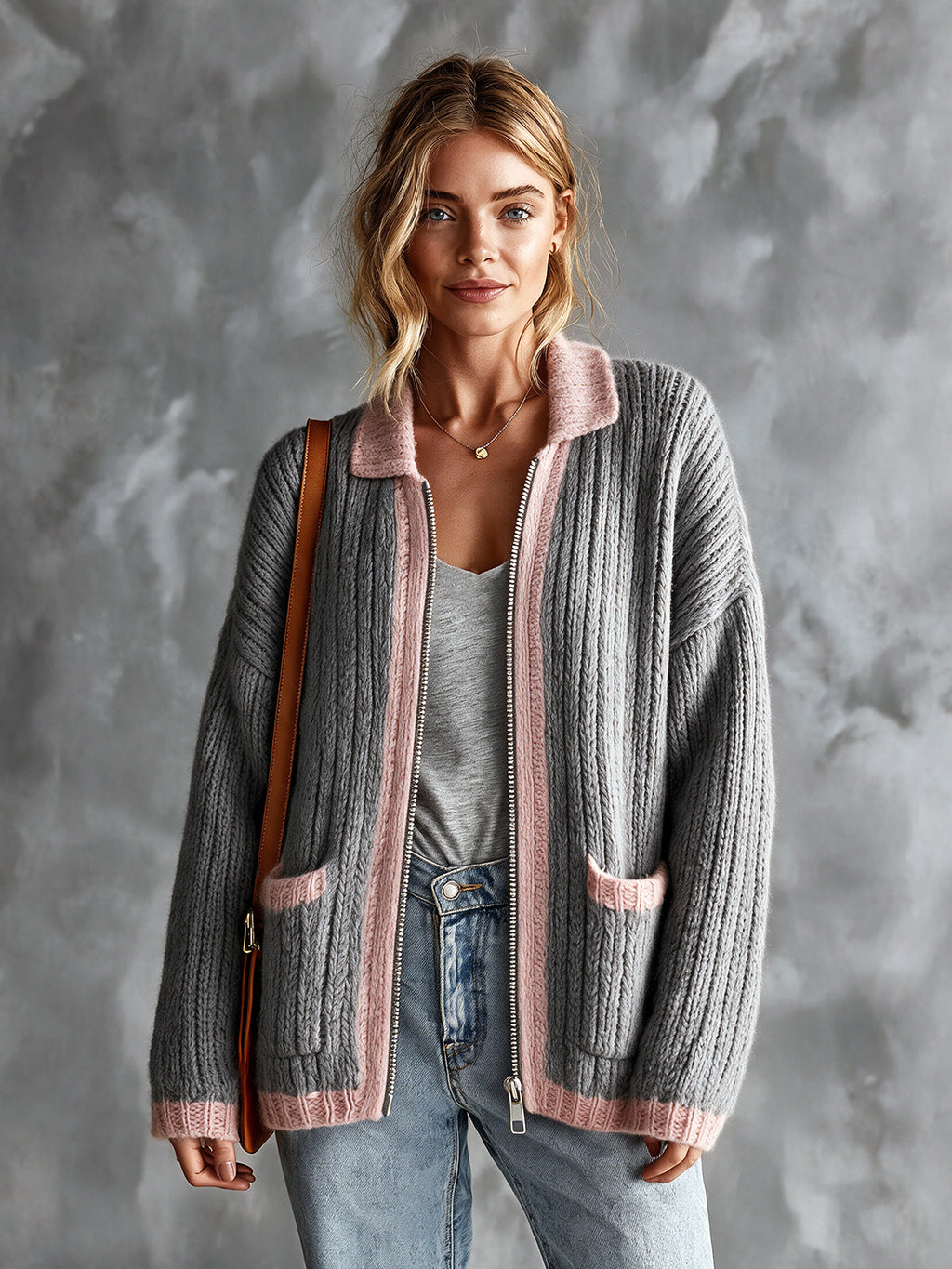 Chic Elegant Gray-Pink Colorblock Lapel Long-Sleeve Zipper-Breasted Patch Pockets Loose-Fit Wool Blend Knit Cardigan