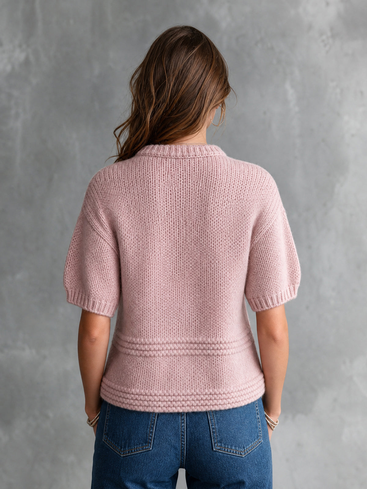 Chic Elegant Pink Round-Neck Dropped-Shoulder Short-Sleeve Loose-Fit Wool Blend Knit Sweater Top