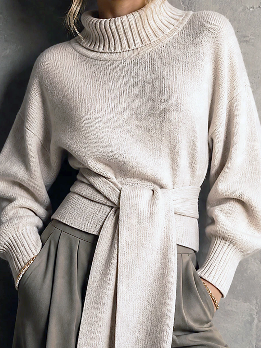 Chic Casual Off‑White Cowl Turtleneck Dropped-Shoulder Long-Sleeve Wrap Tie Waist Loose-Fit Knit Sweater
