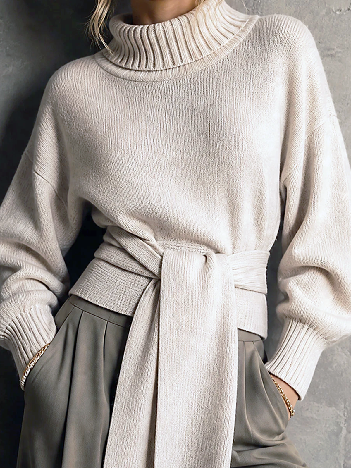 Chic Casual Off‑White Cowl Turtleneck Dropped-Shoulder Long-Sleeve Wrap Tie Waist Loose-Fit Knit Sweater