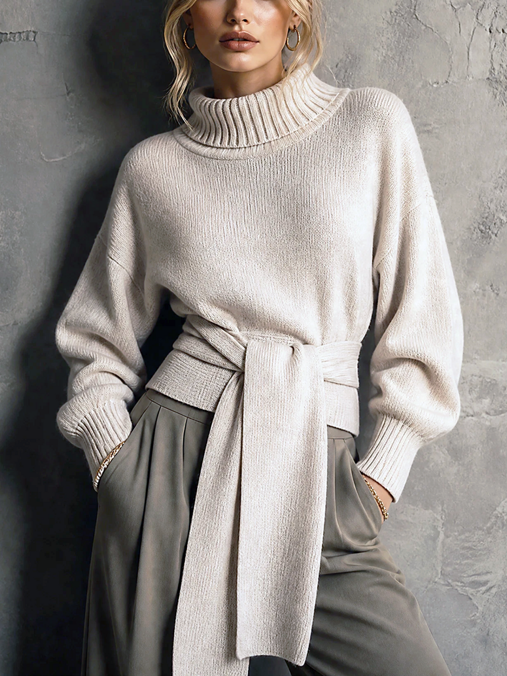 Chic Casual Off‑White Cowl Turtleneck Dropped-Shoulder Long-Sleeve Wrap Tie Waist Loose-Fit Knit Sweater