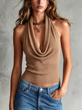 Chic Elegant Camel Halter Cowl-Neck Sleeveless Slim-Fit Knit Camisole