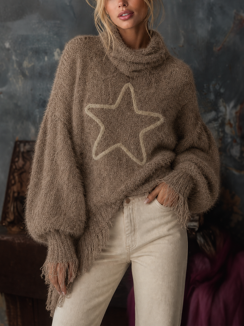 Chic Casual Camel Star Jacquard Cowl Neck Balloon Long-Sleeve Fringe Raw‑Edge Hem Loose-Fit Fuzzy Mohair Knit Sweater