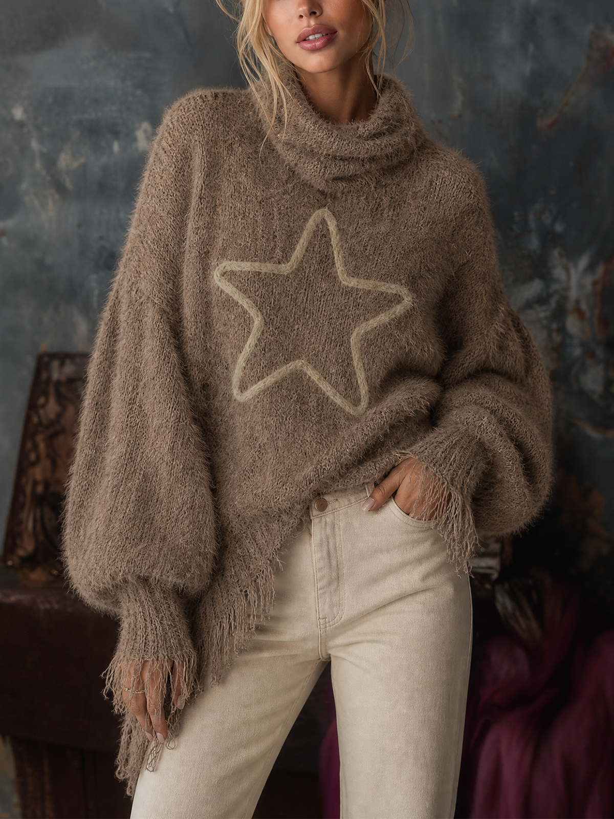 Chic Casual Camel Star Jacquard Cowl Neck Balloon Long-Sleeve Fringe Raw‑Edge Hem Loose-Fit Fuzzy Mohair Knit Sweater