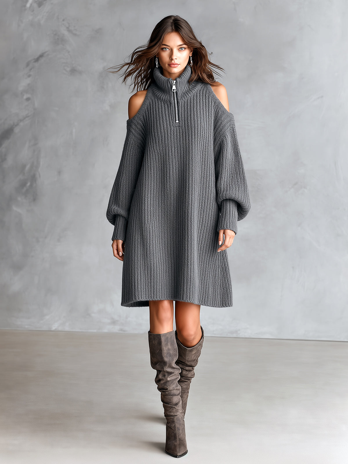 Chic Elegant Gray Zipper-Up Turtleneck Hollow-Out Long-Lantern-Sleeve A-Line Wool Blend Ribbed Knit Midi Dress