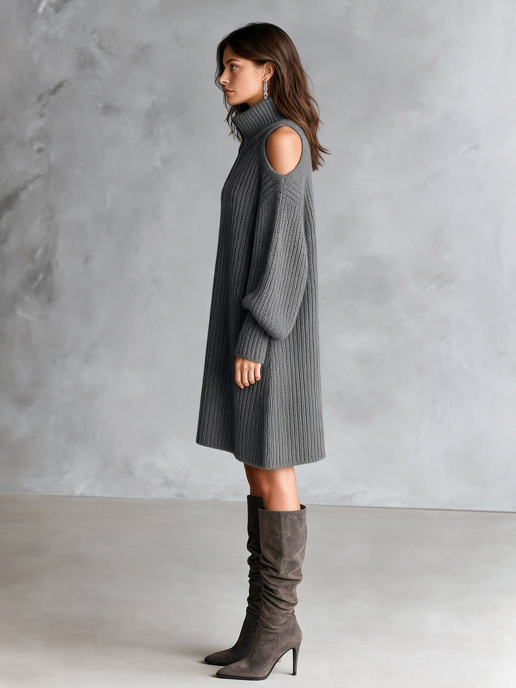 Chic Elegant Gray Zipper-Up Turtleneck Hollow-Out Long-Lantern-Sleeve A-Line Wool Blend Ribbed Knit Midi Dress