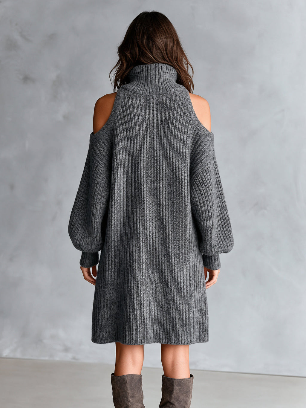 Chic Elegant Gray Zipper-Up Turtleneck Hollow-Out Long-Lantern-Sleeve A-Line Wool Blend Ribbed Knit Midi Dress