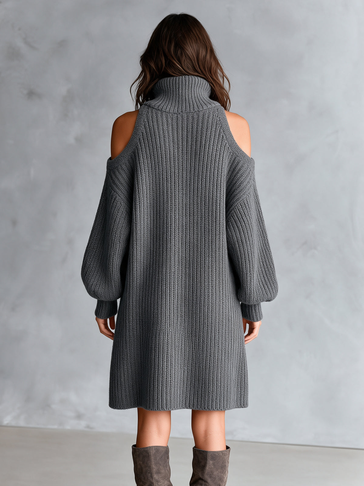 Chic Elegant Gray Zipper-Up Turtleneck Hollow-Out Long-Lantern-Sleeve A-Line Wool Blend Ribbed Knit Midi Dress