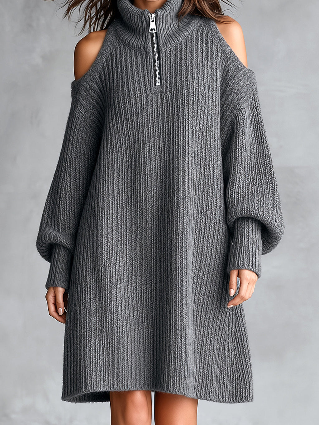 Chic Elegant Gray Zipper-Up Turtleneck Hollow-Out Long-Lantern-Sleeve A-Line Wool Blend Ribbed Knit Midi Dress