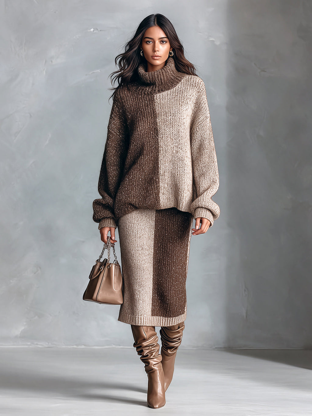 Chic Elegant Coffee-Oatmeal Colorblock Turtleneck Long-Sleeve Loose-Fit Sweater Straight Midi Skirt Wool Blend Knit Two-Piece Set