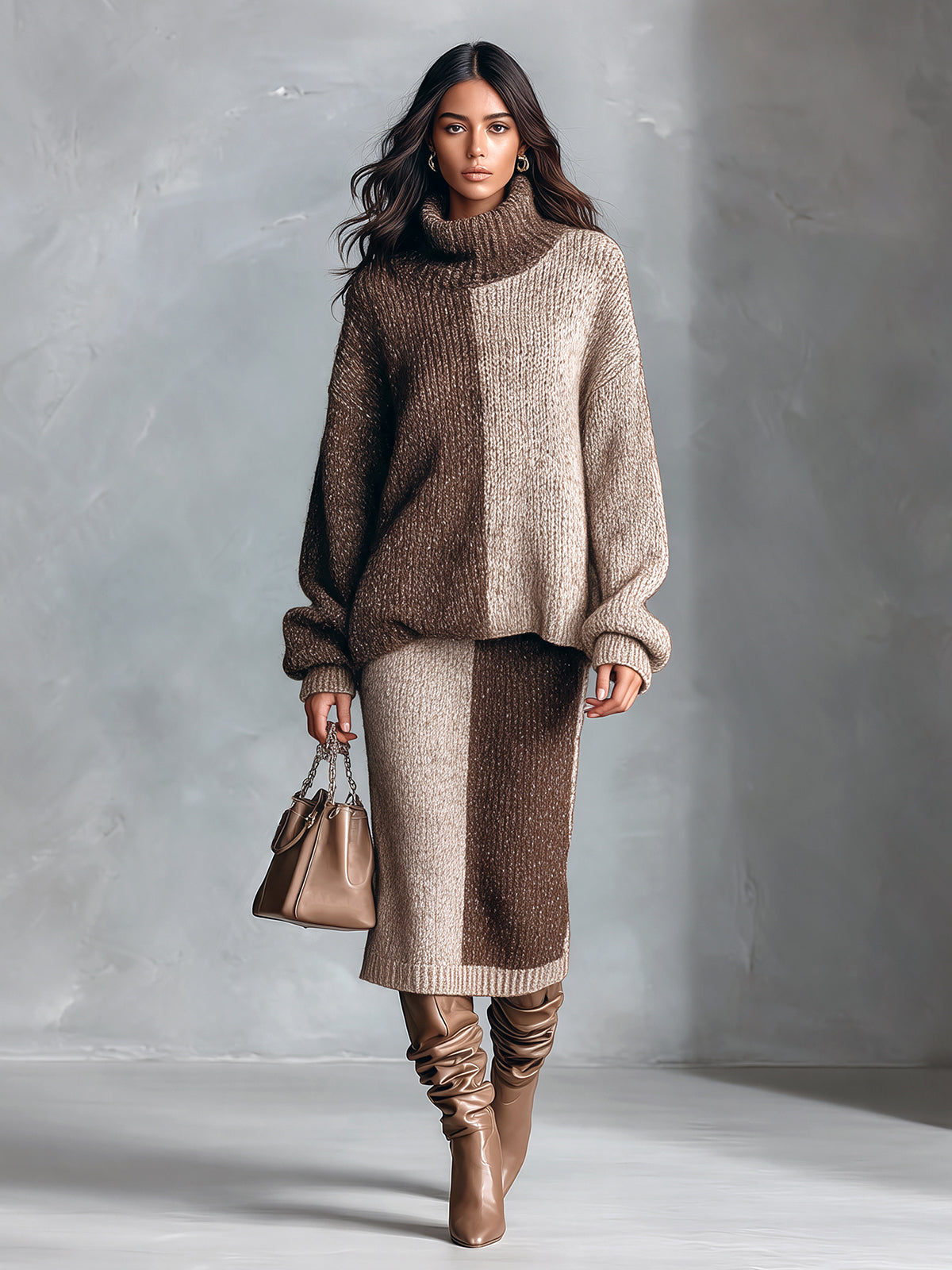 Chic Elegant Coffee-Oatmeal Colorblock Turtleneck Long-Sleeve Loose-Fit Sweater Straight Midi Skirt Wool Blend Knit Two-Piece Set