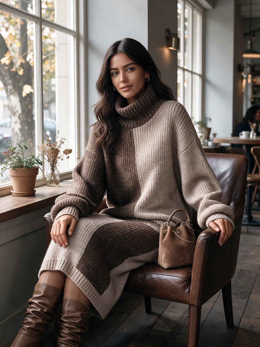Chic Elegant Coffee-Oatmeal Colorblock Turtleneck Long-Sleeve Loose-Fit Sweater Straight Midi Skirt Wool Blend Knit Two-Piece Set